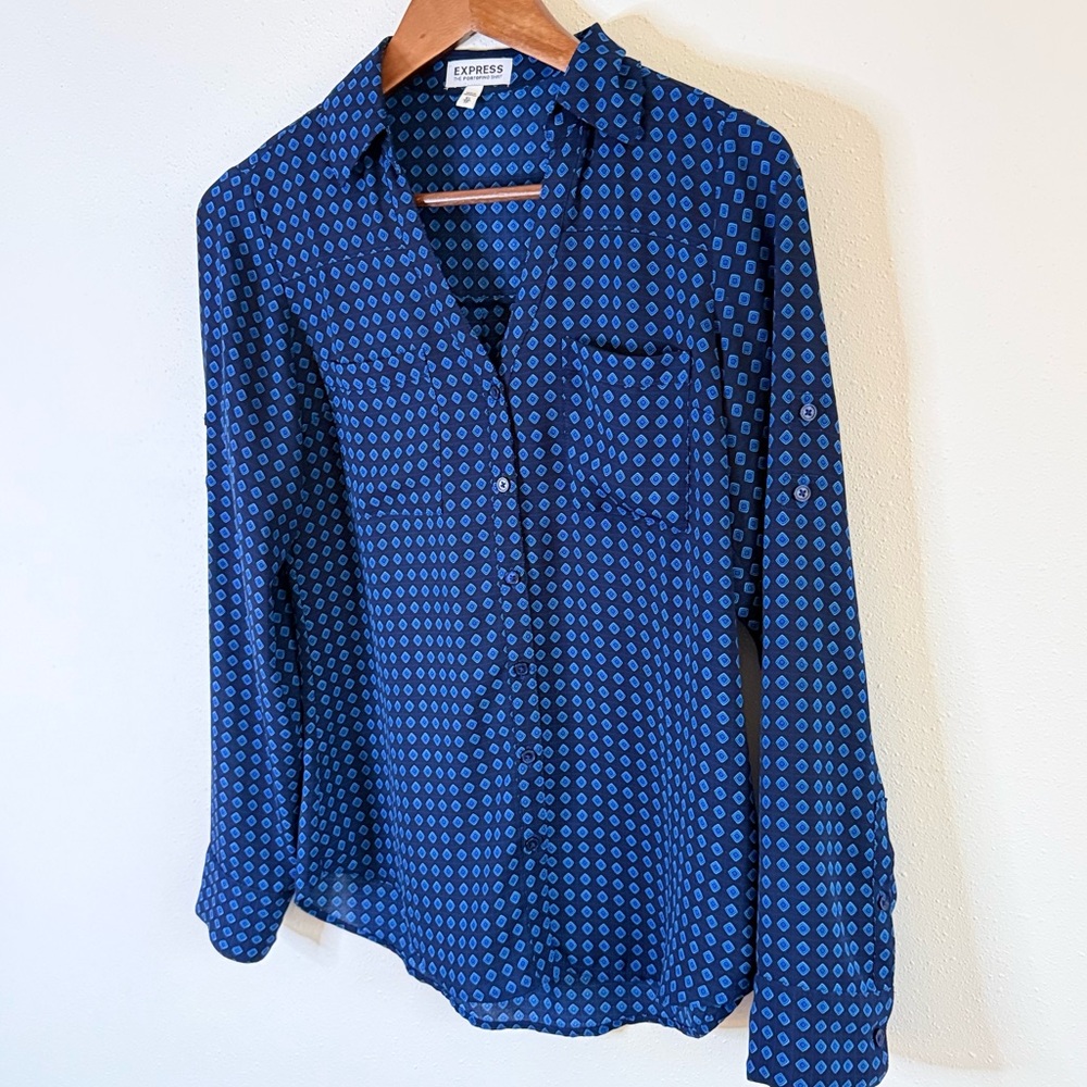 Express Portofino Blue Geometric Print Button Front Blouse XS
